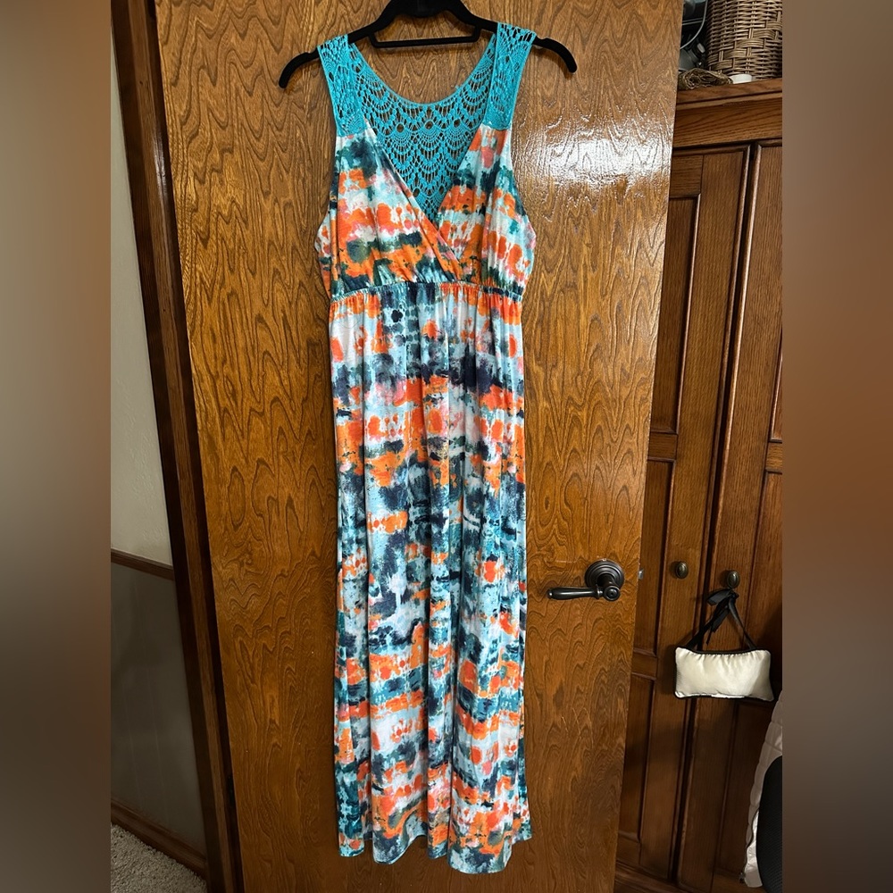 New but no tags, never worn long blue and orange maxi dress.